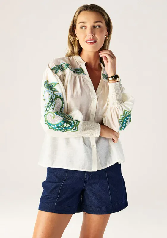 MOS Porto Embrodery Blouse, naturhvit med broderidetaljer