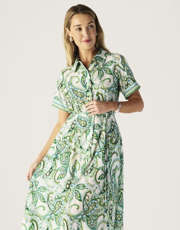 MOS Tara Print shirt dress, naturhvit med print i lyseblå og grønn toner